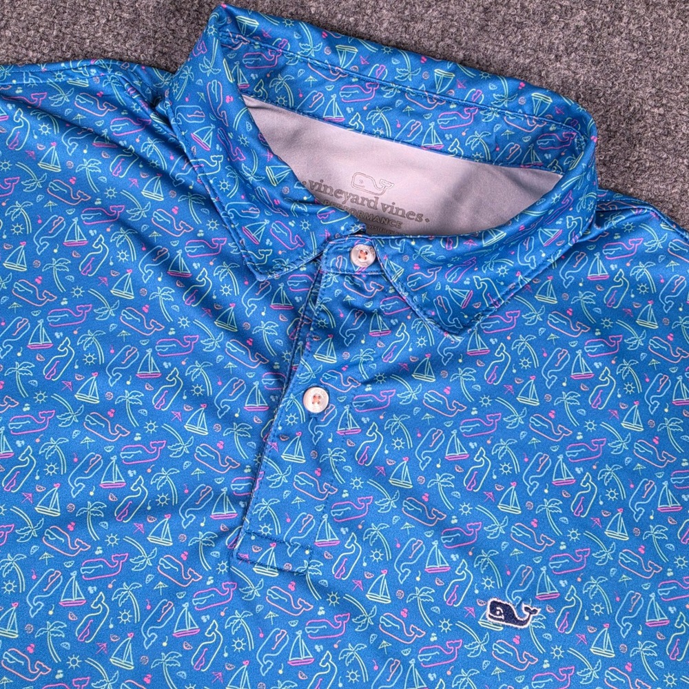 Vineyard Vines Polo Shirt Mens Large Blue Whale Sailboat Performance 1G013233